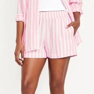 High Waisted Linen Blend Pink and White Striped Pull-On Shorts Size XL